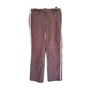 FUDA, WOMENS TRACK PANTS. BROWN WITH PINK SIDE STRIPES. SIZE M